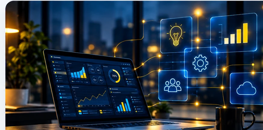 Ambiente de trabalho digital com interfaces tecnológicas em tons de azul