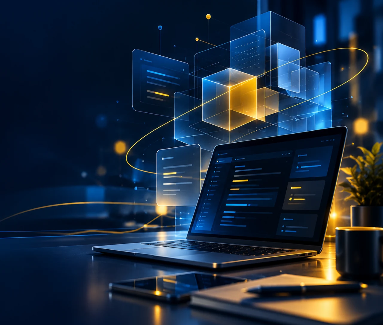 Laptop com interfaces digitais em ambiente tecnológico azul e dourado