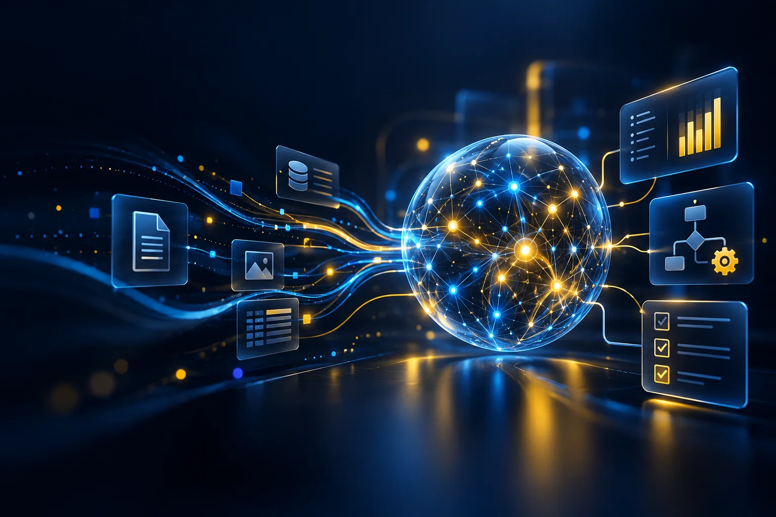 Visual conceitual de inteligência artificial conectando dados, sistemas e automações