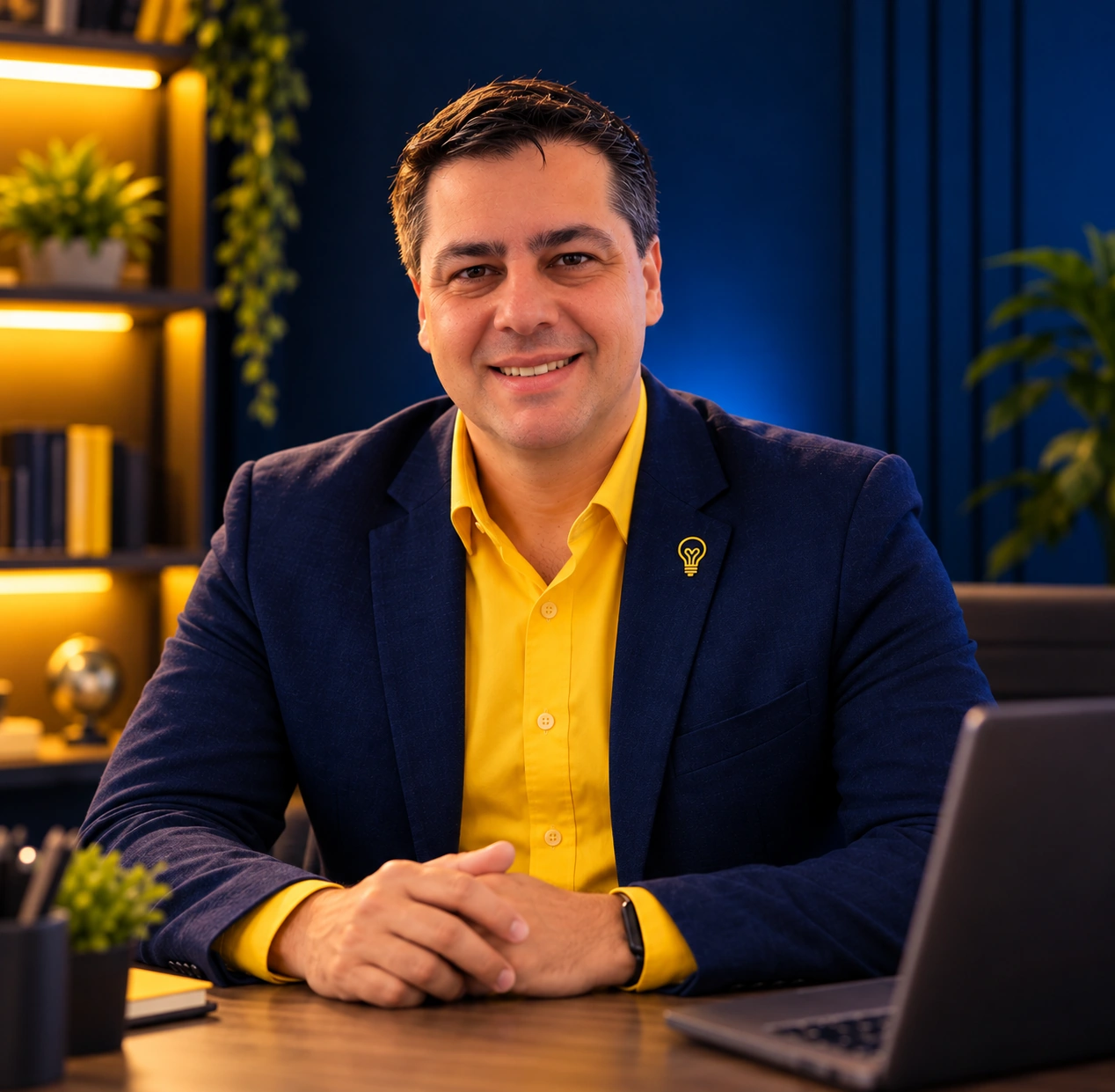 Alessandro da Silva com camisa amarela, blazer azul-marinho e broche inspirado na marca TI Sem Complicação