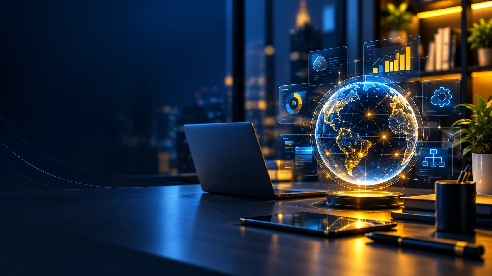 Visual de inteligência artificial, dados e conexões digitais em azul e amarelo